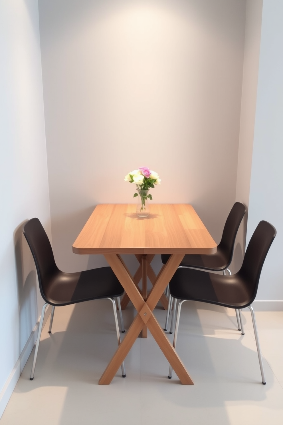 A compact folding dining table is set against a light gray wall, maximizing space in the small dining area. The table features a warm wood finish and is surrounded by sleek, modern chairs that can be easily tucked away when not in use. Soft ambient lighting illuminates the space, creating an inviting atmosphere for meals. A small centerpiece with a vase of fresh flowers adds a touch of elegance to the minimalist design.