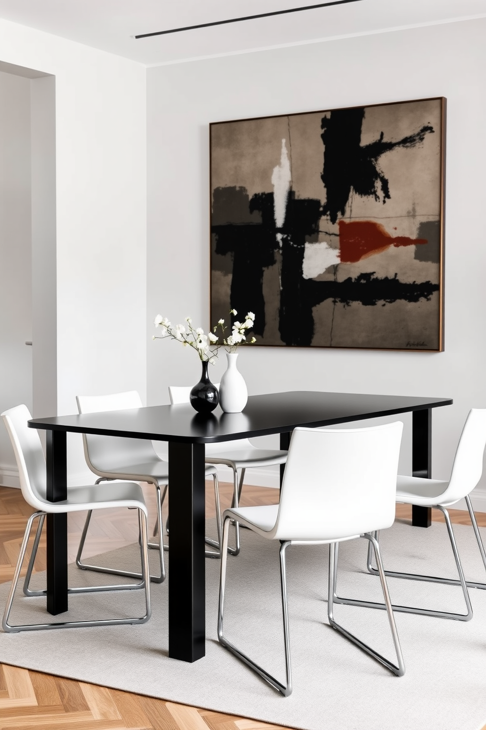 A sleek minimalist black metal dining table sits at the center of the dining room, surrounded by elegant white chairs with clean lines. The walls are painted in a soft gray, and a large abstract artwork hangs above the table, adding a touch of sophistication to the space.