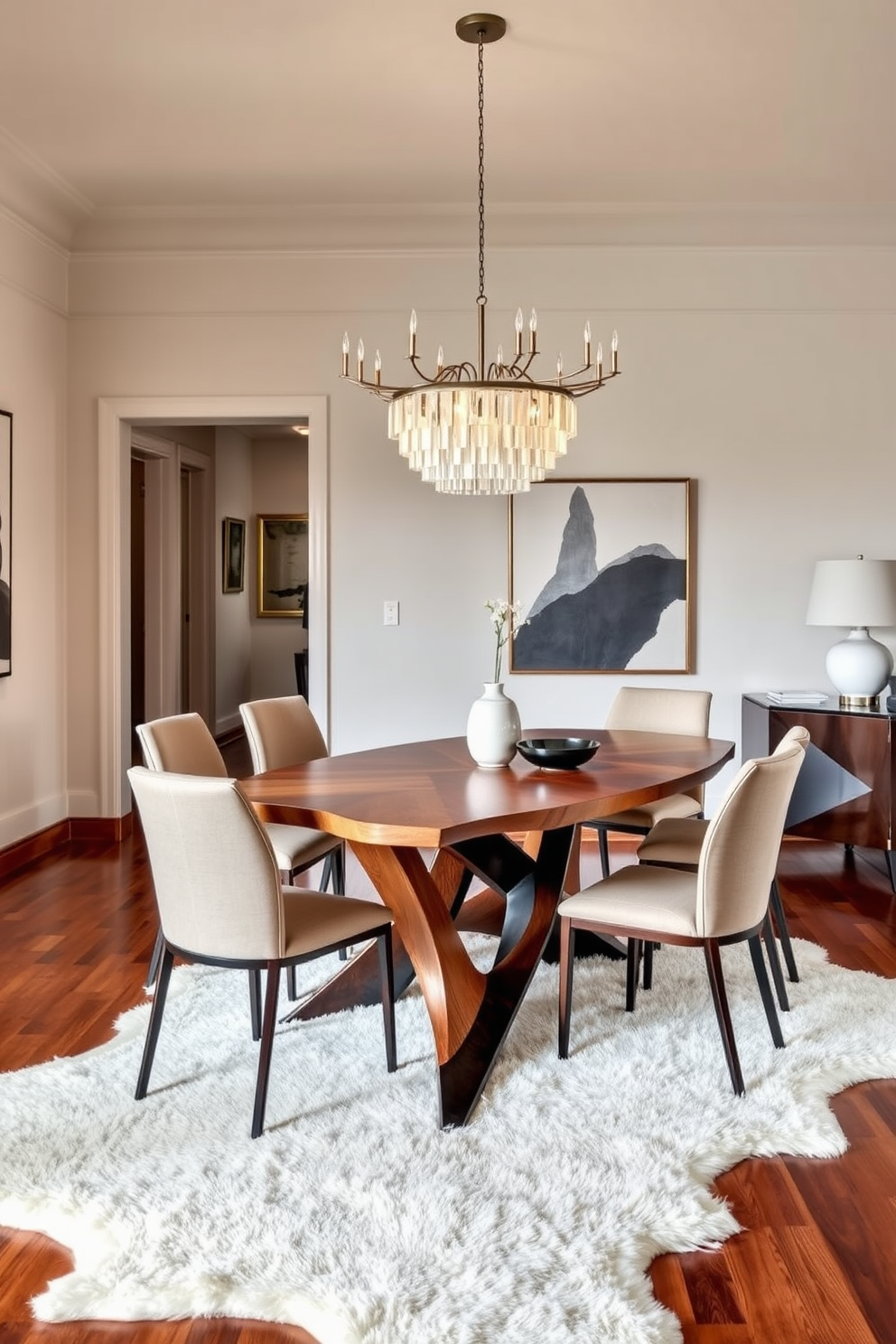 An artistic sculptural dining table serves as the centerpiece of the dining room, showcasing unique curves and a blend of materials such as wood and metal. Surrounding the table are elegant chairs with upholstered seats that complement the table's design, creating a harmonious and inviting atmosphere. The walls are adorned with contemporary art pieces that enhance the room’s aesthetic, while a statement chandelier hangs above, casting a warm glow over the dining area. The floor features rich hardwood, adding warmth and depth to the space, while a plush area rug anchors the table and chairs, providing a cozy touch.