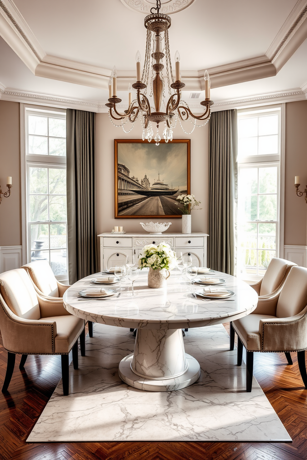 An elegant dining room features a marble top dining table surrounded by plush upholstered chairs in a soft neutral tone. The table is set with fine china and sparkling glassware, creating an inviting atmosphere for gatherings. Natural light floods the space through large windows, highlighting the intricate veining of the marble. A stylish chandelier hangs above the table, adding a touch of sophistication to the overall design.