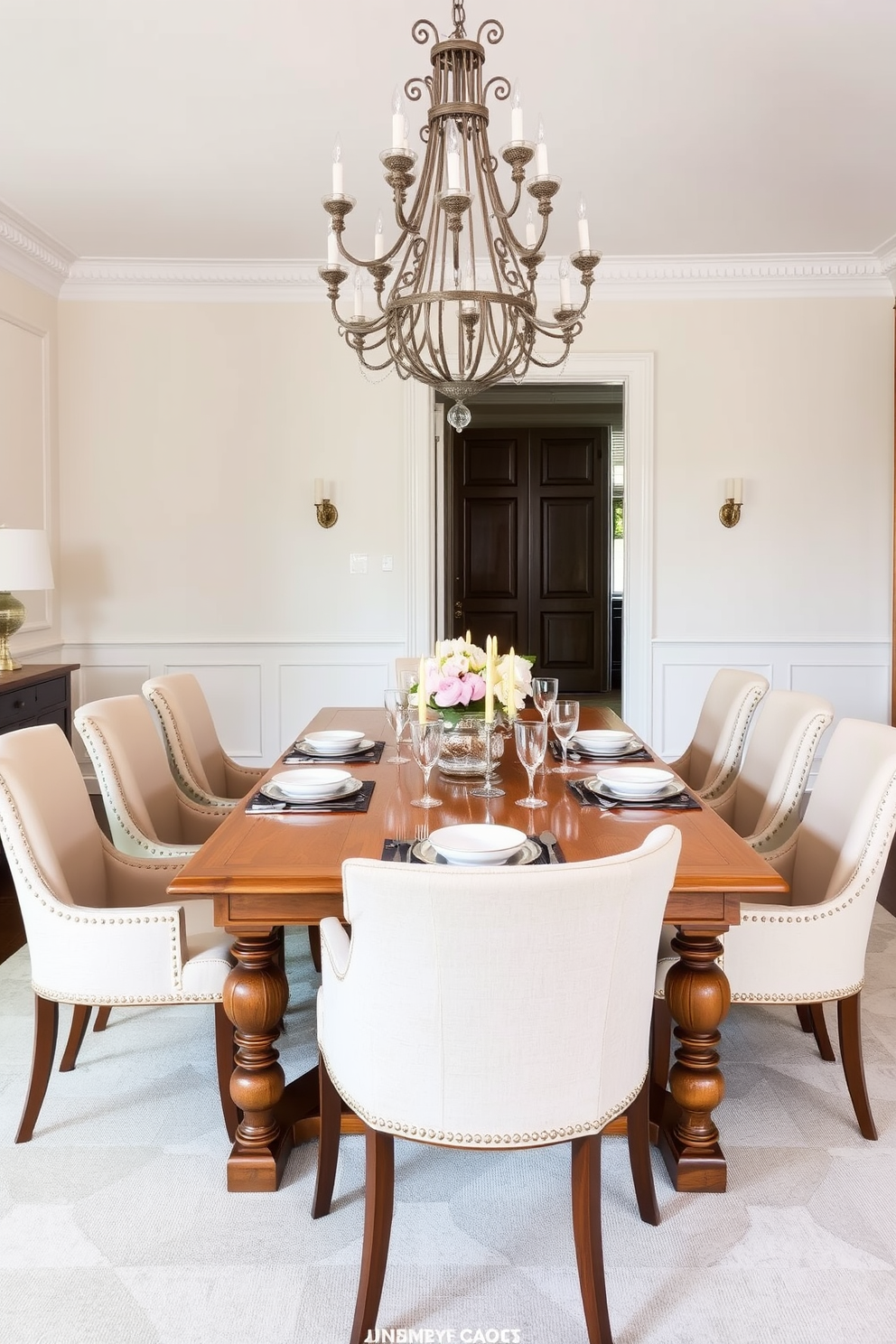 A classic rectangular oak dining table is the centerpiece of a spacious dining room. Surrounding the table are elegantly upholstered chairs in a soft cream fabric, creating a warm and inviting atmosphere. The table is set with fine china and polished silverware, reflecting a sophisticated dining experience. Above, a stylish chandelier casts a soft glow, enhancing the room's ambiance with its intricate design.