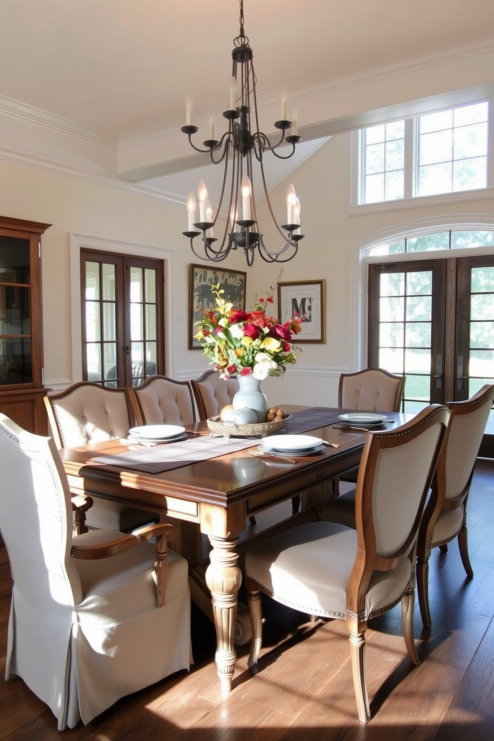 A vintage distressed dining table is the centerpiece of the room, surrounded by elegantly upholstered chairs that add a touch of comfort. The walls are painted in a soft cream color, and a large chandelier hangs above, casting a warm glow over the table setting. The table is adorned with a rustic table runner and a centerpiece of seasonal flowers in a vintage vase. Natural light streams in through large windows, highlighting the rich textures of the wood and the inviting atmosphere of the dining space.