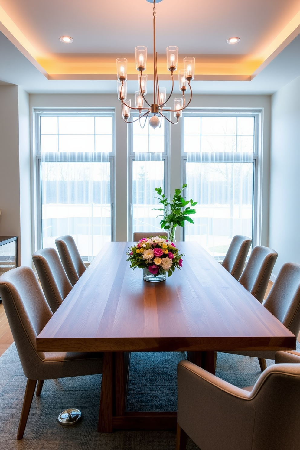 A contemporary dining room features an extendable wooden table with sleek lines and a natural finish. Surrounding the table are upholstered chairs in a soft gray fabric, providing comfort and elegance. The room is illuminated by a modern chandelier that hangs gracefully above the table. Large windows allow natural light to flood in, highlighting the minimalist decor and a vibrant centerpiece of fresh flowers.