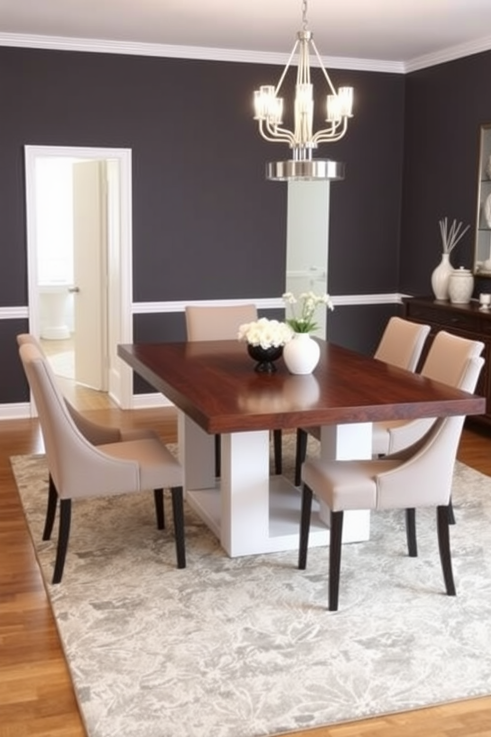 A stunning two-tone dining table features a rich dark wood top paired with a sleek white base. Surrounding the table are elegant upholstered chairs in a complementary color, creating a harmonious and inviting dining space. The room is illuminated by a modern chandelier that hangs gracefully above the table, casting a warm glow. A large area rug anchors the space, adding texture and warmth to the overall design.