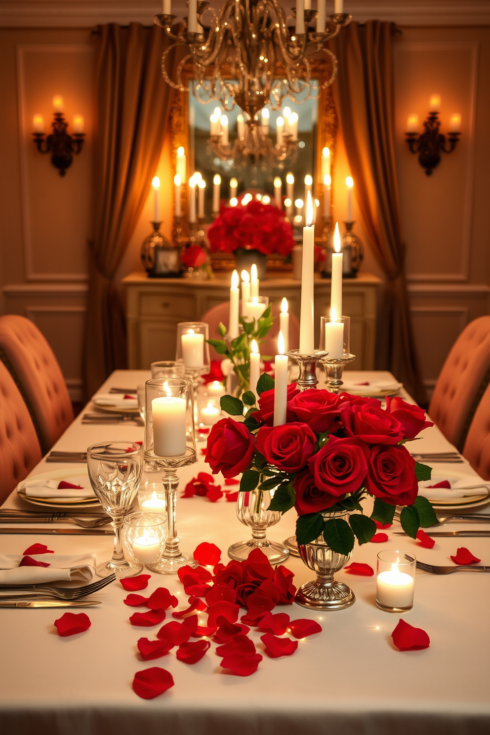 A romantic candlelit dinner setting in a dining room adorned for Valentine's Day. The table is elegantly set with fine china and crystal glassware, surrounded by plush upholstered chairs. Soft, ambient lighting casts a warm glow, with candles of varying heights placed in ornate holders. Fresh red roses in a delicate vase center the table, complemented by scattered rose petals and twinkling fairy lights.