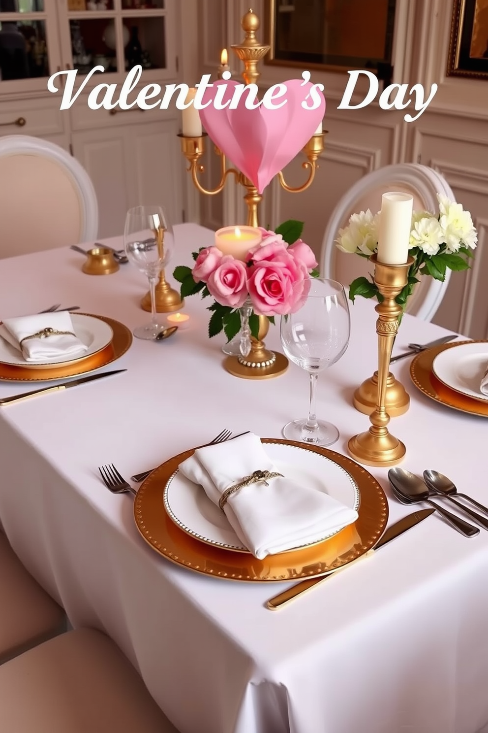 Chic gold and white tableware is elegantly arranged on a beautifully set dining table. The table features a crisp white tablecloth and delicate gold accents, creating a romantic atmosphere perfect for Valentine's Day.