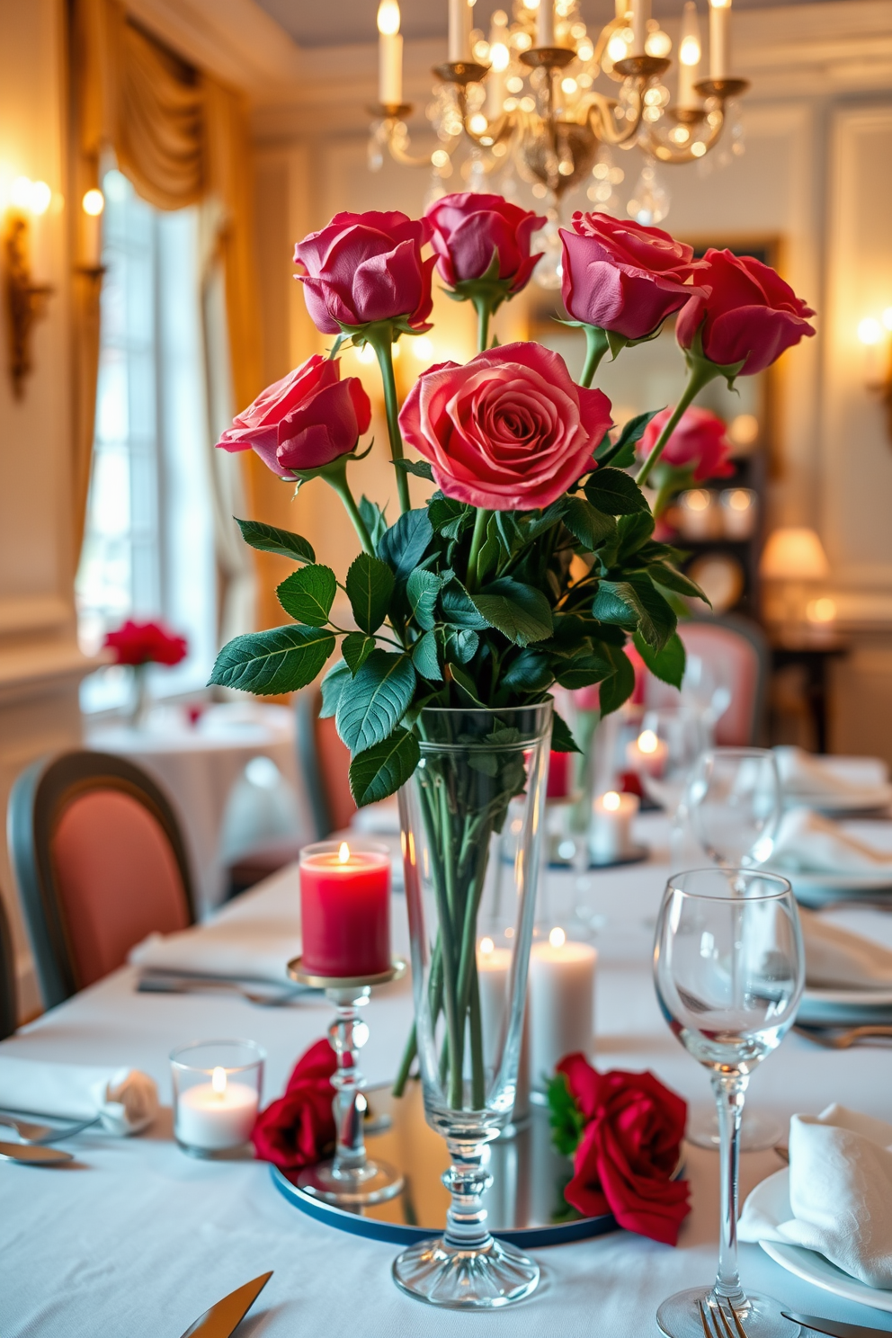 A charming dining room adorned for Valentine's Day. Fresh roses in elegant glass vases are placed at the center of the table, surrounded by soft candlelight and romantic table settings.