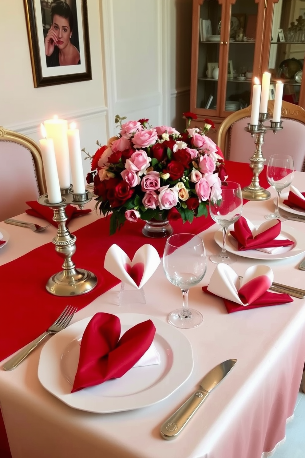 A beautifully set dining table for Valentine's Day featuring romantic themed napkin folding techniques. The table is adorned with elegant red and white linens, with intricately folded napkins shaped like hearts at each place setting. Soft candlelight flickers from stylish candlesticks, creating a warm and inviting atmosphere. Fresh flowers in shades of pink and red are arranged in a charming centerpiece, enhancing the romantic vibe of the dining room.