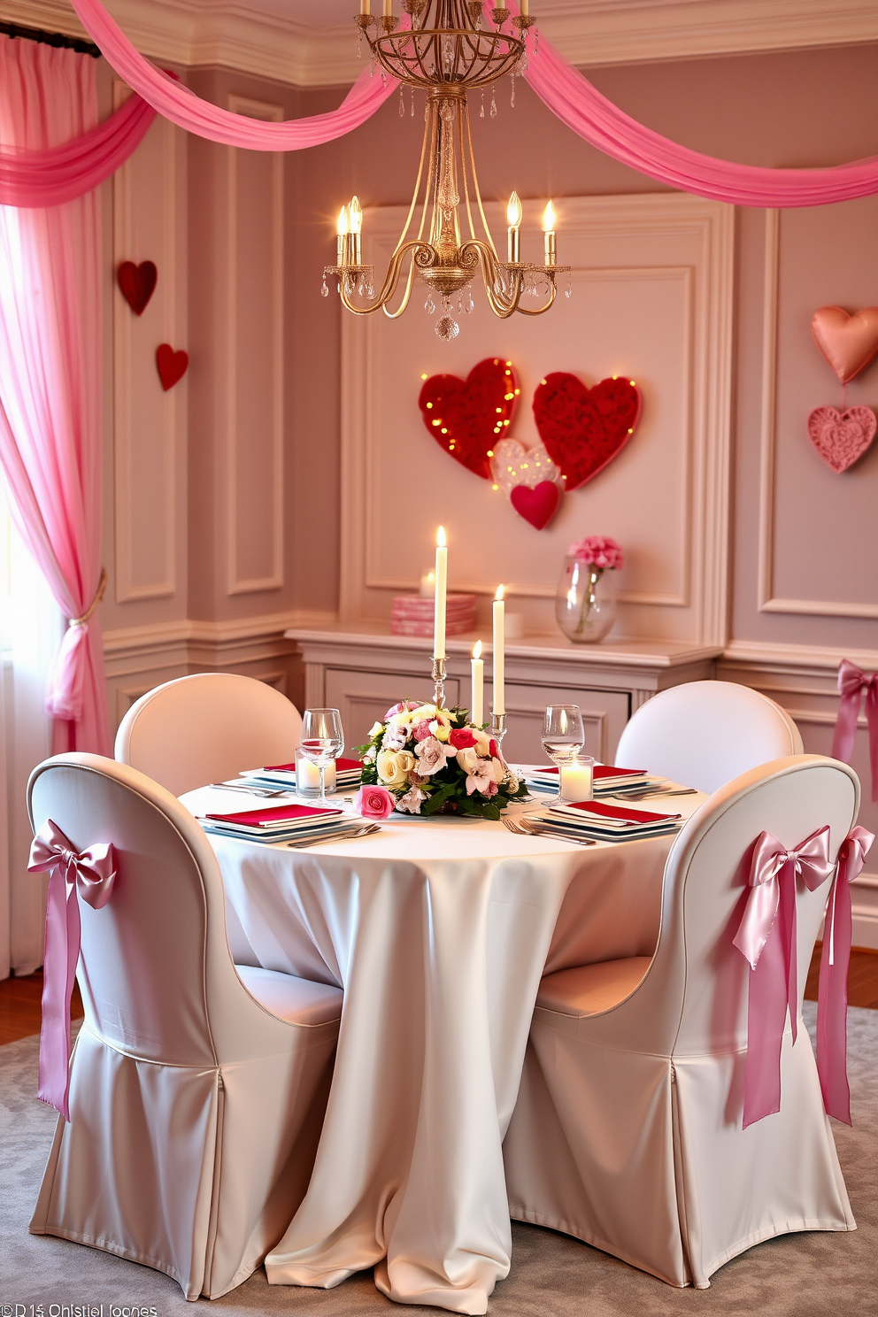 A romantic sweetheart table for two is elegantly set in a beautifully decorated dining room. The table is adorned with a soft white tablecloth, delicate floral arrangements, and flickering candlelight to create an intimate atmosphere. Surrounding the table are plush chairs draped with satin ribbons, adding a touch of elegance. The walls are adorned with heart-themed decorations, and soft pink and red accents are woven throughout the space to celebrate Valentine's Day.