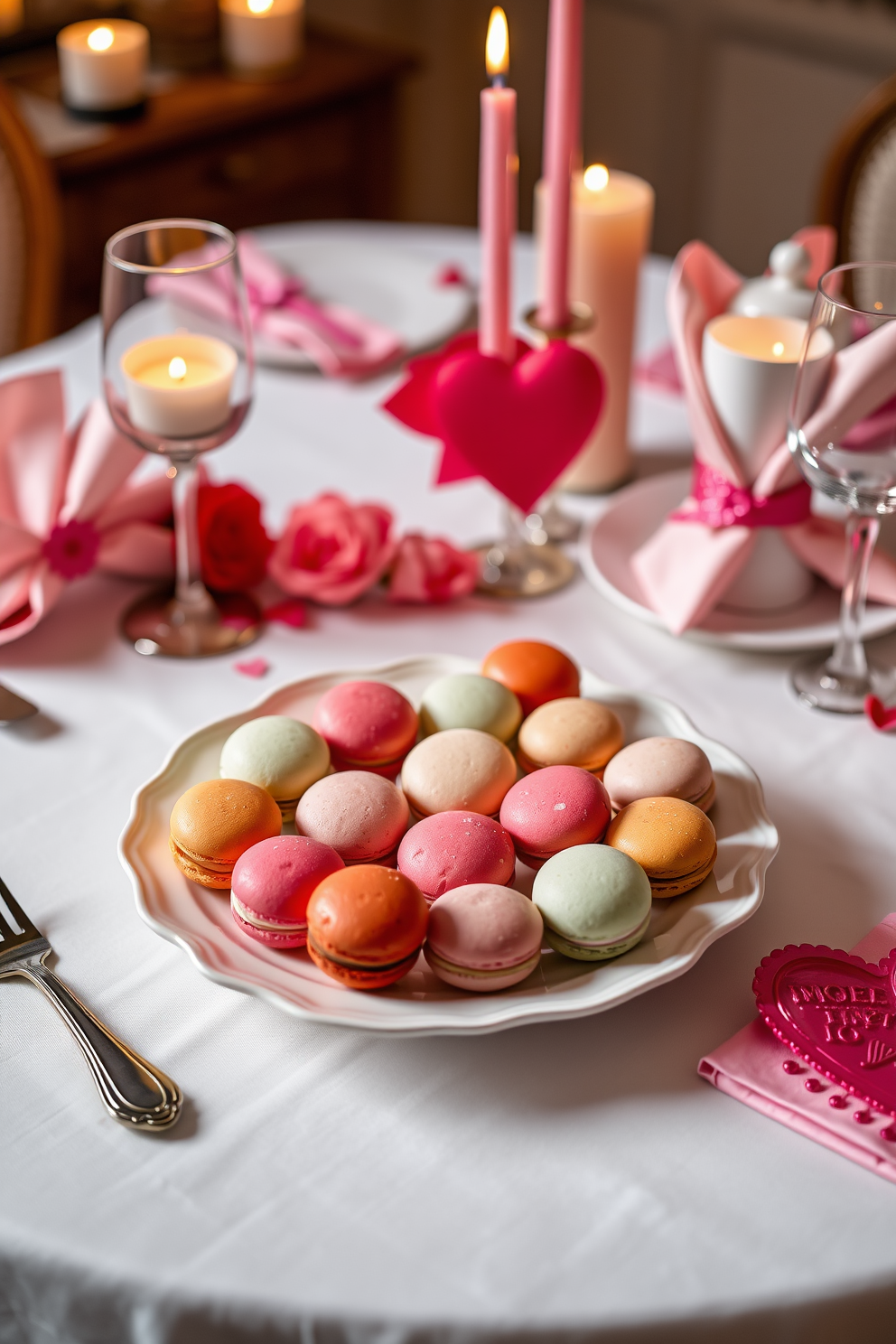 A beautifully set dining table adorned with colorful macarons arranged on an elegant porcelain platter. The table is decorated with soft pink and red accents, including heart-shaped napkin holders and romantic candlelight for a cozy Valentine's Day ambiance.