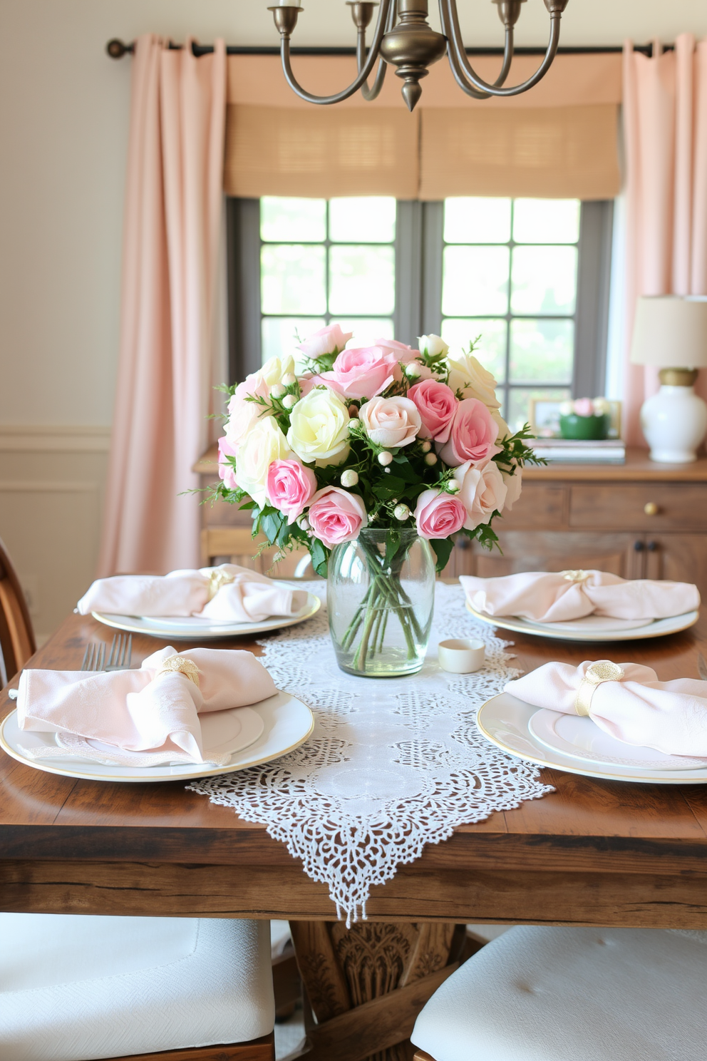 Layered textures create an inviting atmosphere in the dining room. Soft table linens in shades of blush and cream drape elegantly over a rustic wooden table, enhancing the romantic vibe for Valentine's Day. Delicate lace overlays complement plush fabric napkins, adding depth and sophistication. Fresh florals in pastel hues are arranged in a charming vase, completing the festive decor.