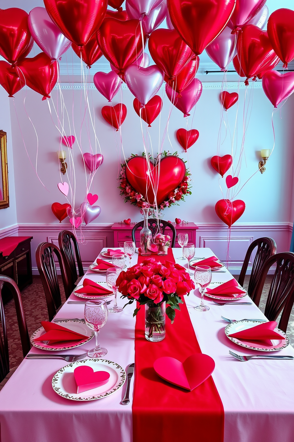 A whimsical dining room setting filled with heart-shaped balloons floating overhead. The table is elegantly set with a romantic red and pink color scheme, featuring heart-themed tableware and a bouquet of fresh roses at the center.