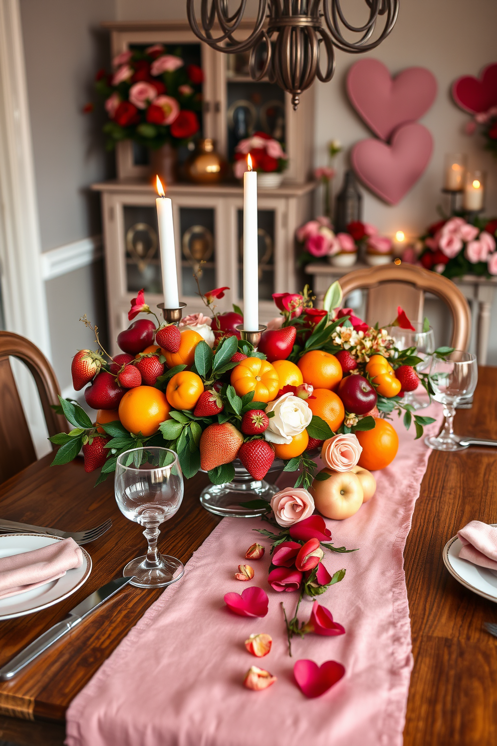 A beautifully arranged centerpiece featuring an assortment of seasonal fruits including vibrant strawberries, juicy oranges, and ripe apples. The arrangement is placed on a rustic wooden table, surrounded by elegant white dinnerware and soft candlelight for a warm ambiance. For Valentine's Day, the dining room is adorned with romantic touches such as red and pink floral arrangements, heart-shaped decorations, and soft lighting. A delicate table runner in shades of blush complements the setting, creating an inviting atmosphere for a special dinner.