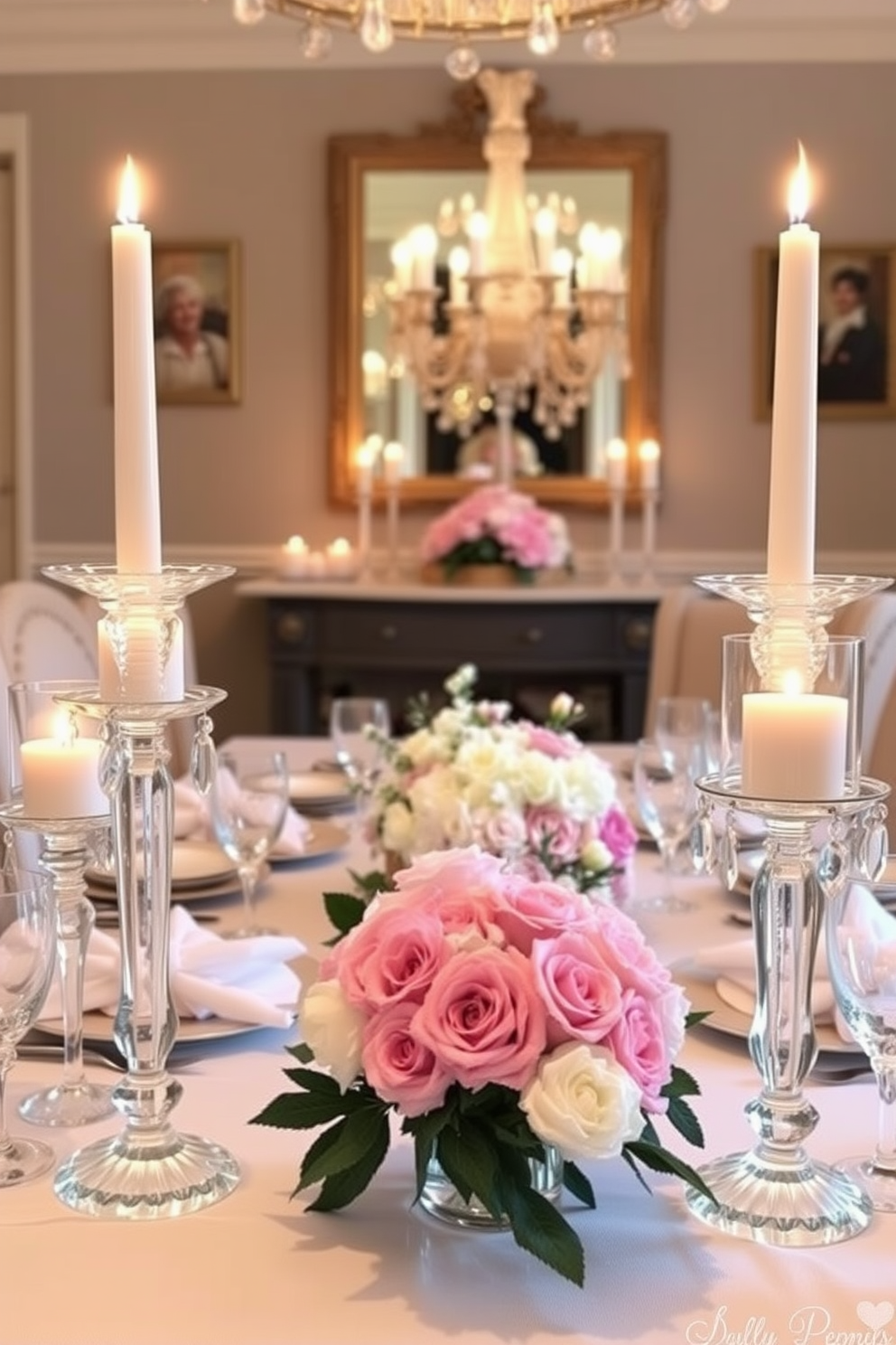 Elegant crystal candle holders adorn the dining table, casting a warm glow across the room. The table is set with fine china and delicate floral arrangements, creating a romantic atmosphere for Valentine's Day.