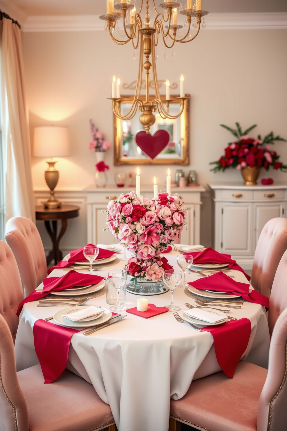 A charming dining room setting featuring a heart-shaped table centerpiece arrangement. The table is elegantly set with fine china, sparkling glassware, and soft candlelight, creating a romantic atmosphere for Valentine's Day. Surrounding the table are plush upholstered chairs in a soft pastel hue. Delicate floral arrangements in shades of pink and red complement the centerpiece, enhancing the festive decor.