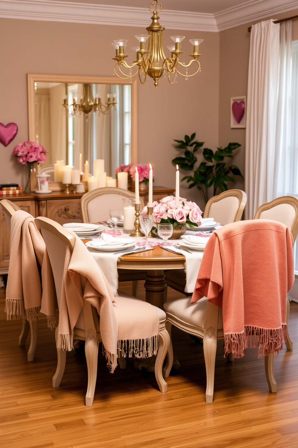 A cozy dining room setting adorned with warm throw blankets draped over elegant chairs. The table is beautifully set with romantic candles, soft pink flowers, and heart-themed decor for a charming Valentine's Day ambiance.