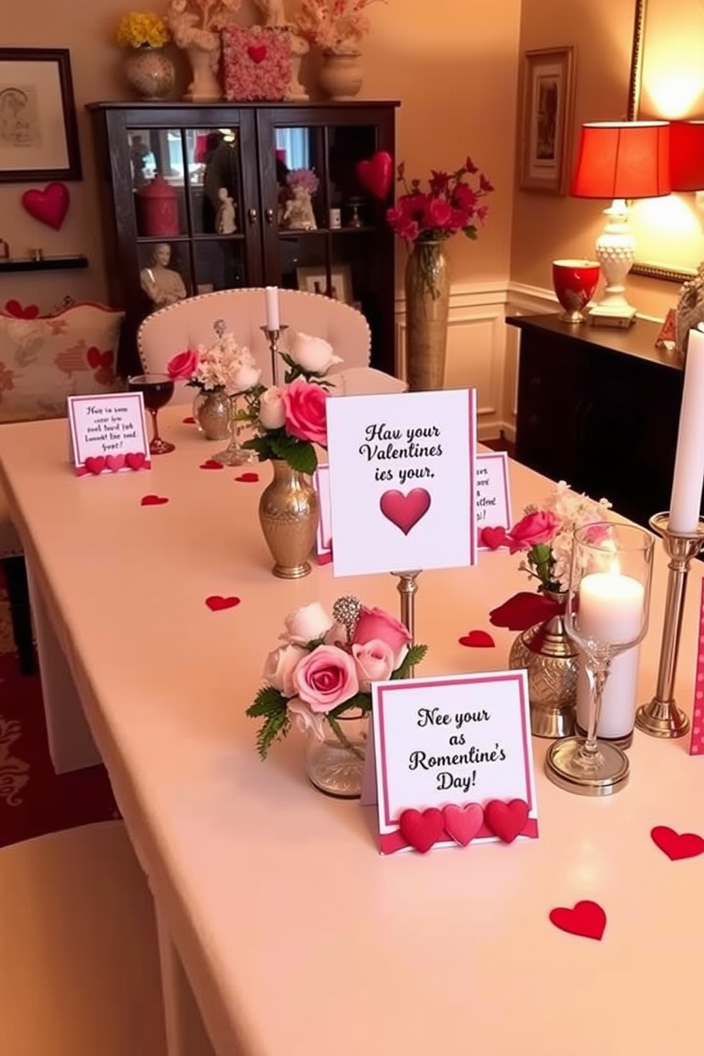 Create a cozy dining room setting adorned with romantic quote cards placed on elegant tables. The decor features soft lighting, fresh flowers, and heart-themed accents to evoke a warm Valentine's Day atmosphere.