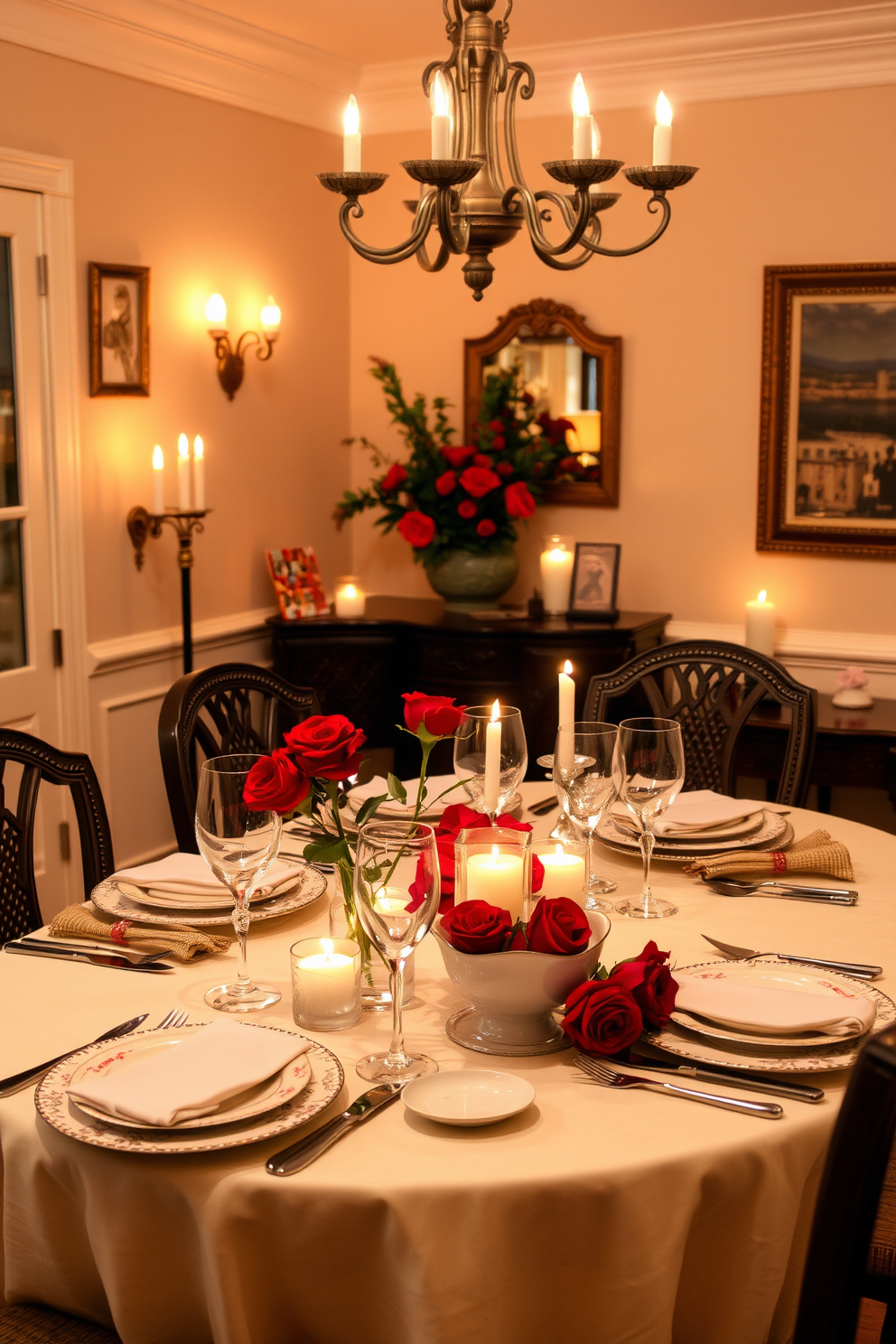 A cozy dining room setting designed for a romantic Valentine's Day dinner. The table is elegantly set with fine china, crystal glassware, and red rose centerpieces, creating an intimate atmosphere. Soft music plays in the background, enhancing the mood with gentle melodies. Warm candlelight flickers on the table, casting a romantic glow across the room.