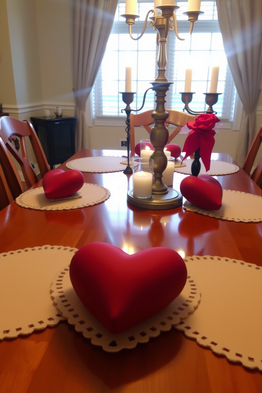 A charming dining room setting adorned with decorative heart-shaped placemats on a polished wooden table. Soft candlelight flickers from elegant candlesticks, creating a warm and inviting atmosphere for a romantic Valentine's Day dinner.