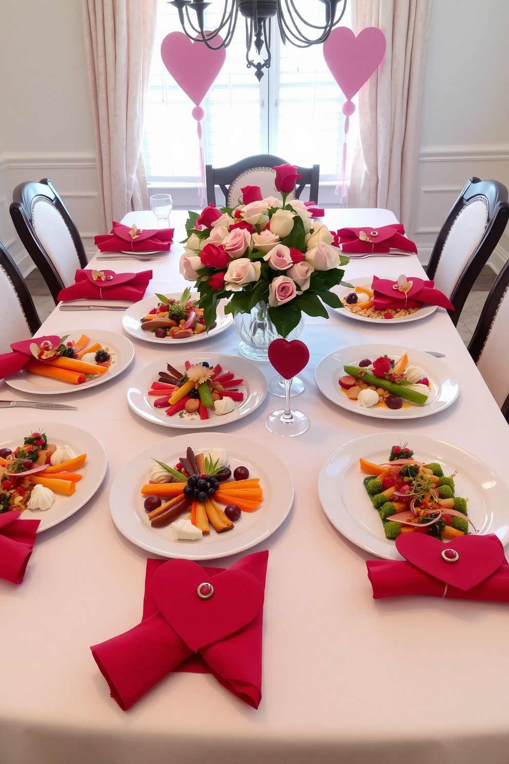 Artistic food presentation on plates. Each plate features a unique arrangement of colorful vegetables and garnishes, creating a visually stunning display. Dining Room Valentines Day Decorating Ideas. The table is elegantly set with red and pink accents, including heart-shaped napkin holders and a centerpiece of fresh roses.