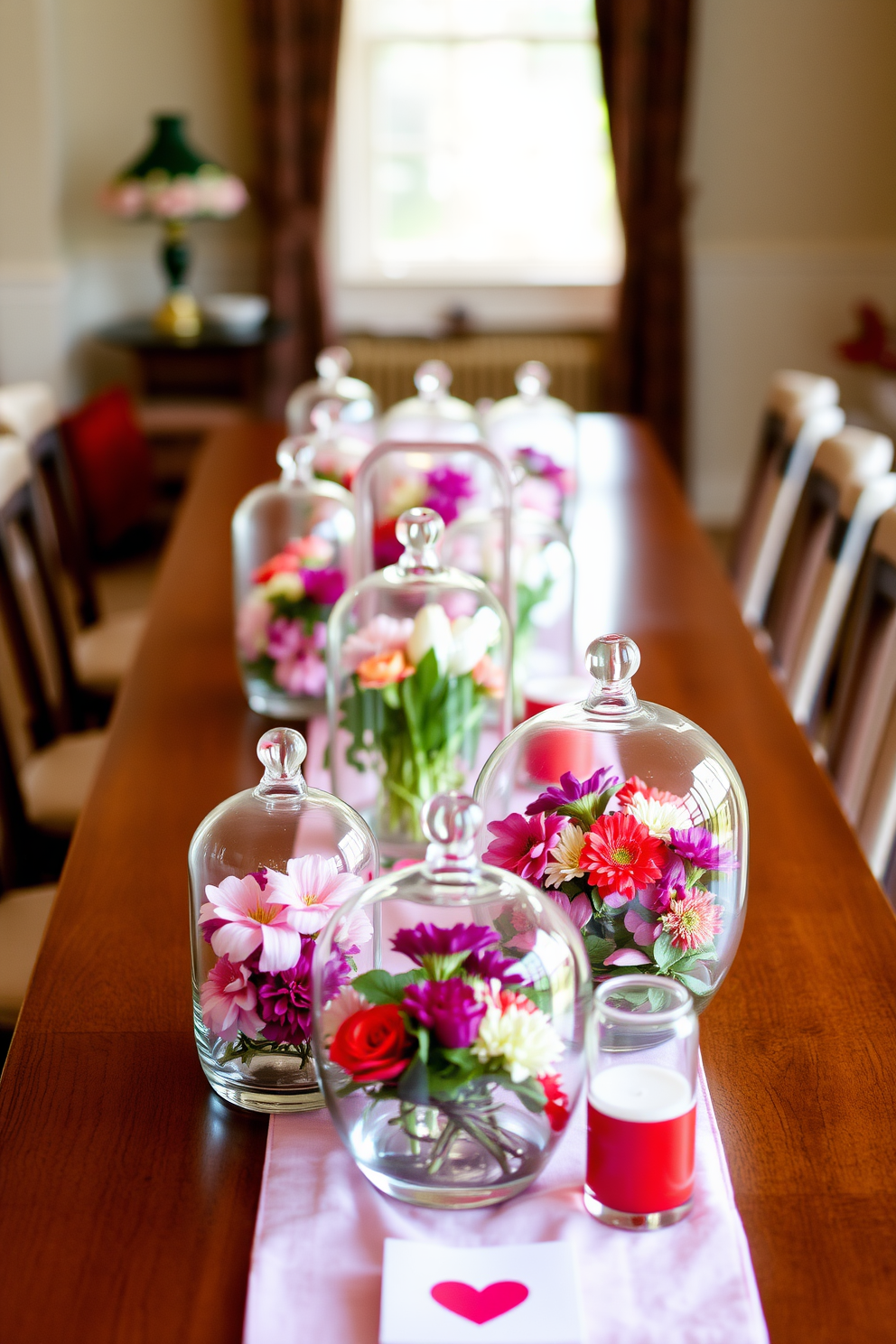 A collection of unique glass terrariums filled with vibrant flowers sits elegantly on a long wooden dining table. The table is adorned with soft pink and red accents, creating a romantic atmosphere perfect for Valentine's Day celebrations.