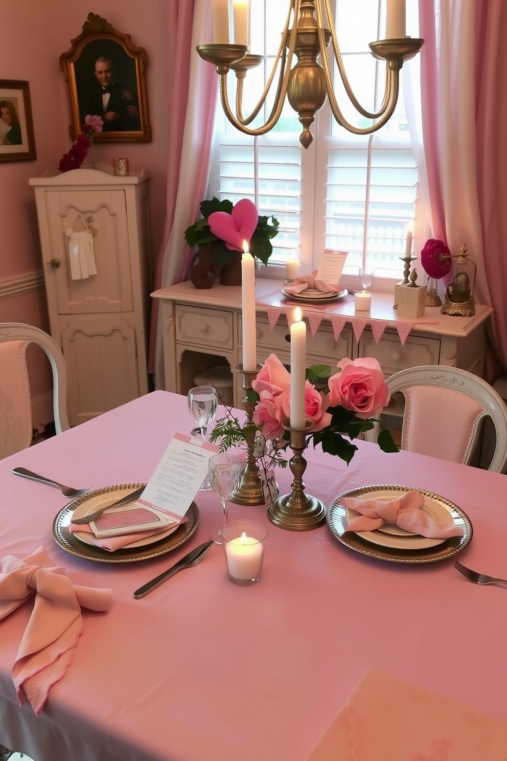 A charming dining room setting adorned with vintage love letters elegantly displayed as table decor. The table is set with soft pink linens, delicate china, and flickering candlelight, creating a romantic atmosphere for Valentine's Day.