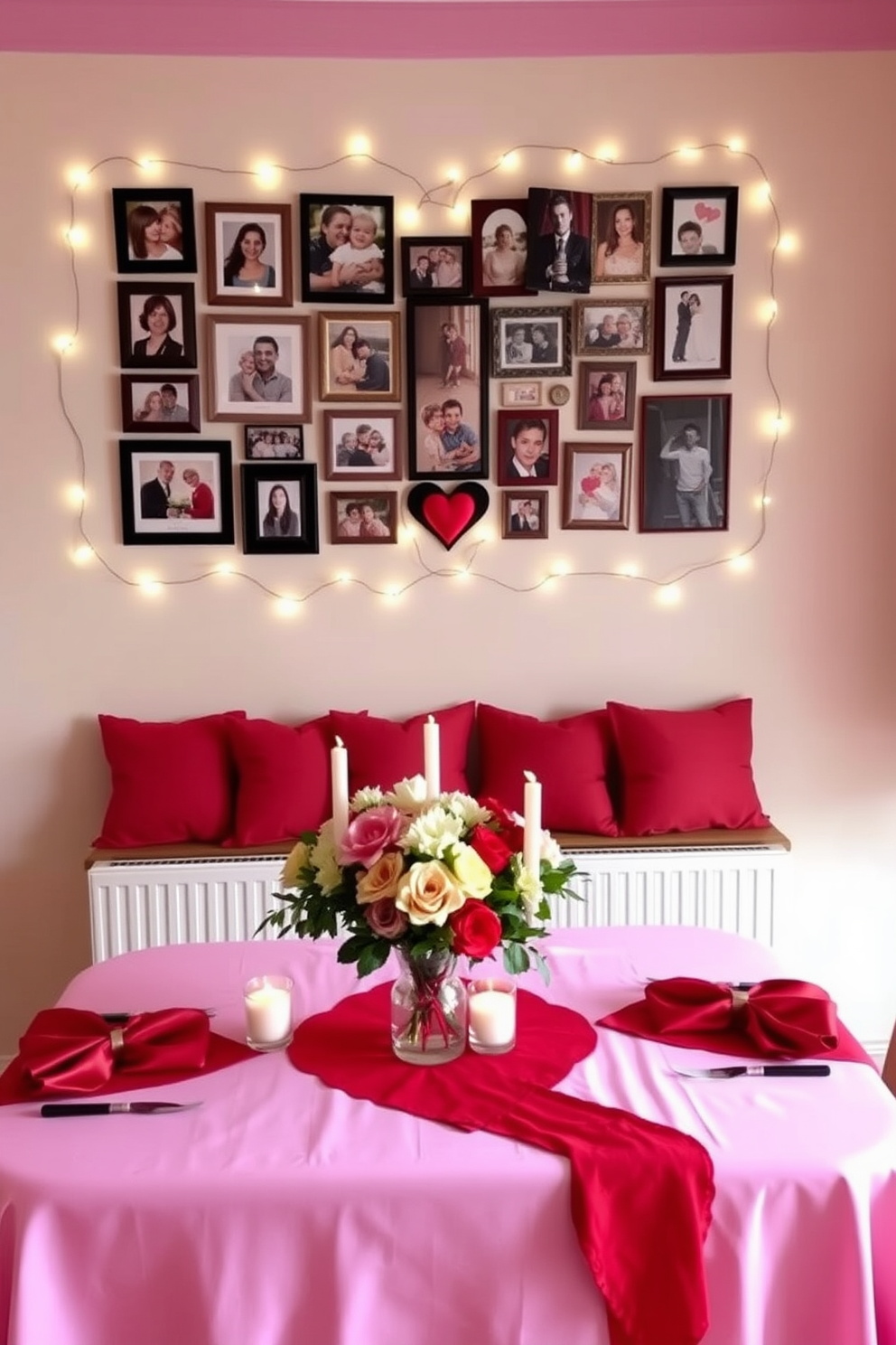 A charming photo display of memories adorns the dining room wall, featuring a collection of framed pictures in various sizes arranged in a heart shape. Soft fairy lights twinkle around the frames, creating a warm and inviting atmosphere perfect for Valentine's Day. The dining table is elegantly set with a romantic tablecloth in shades of red and pink, complemented by matching napkins and candles. Fresh flowers in a vase sit at the center, adding a touch of natural beauty to the festive decor.