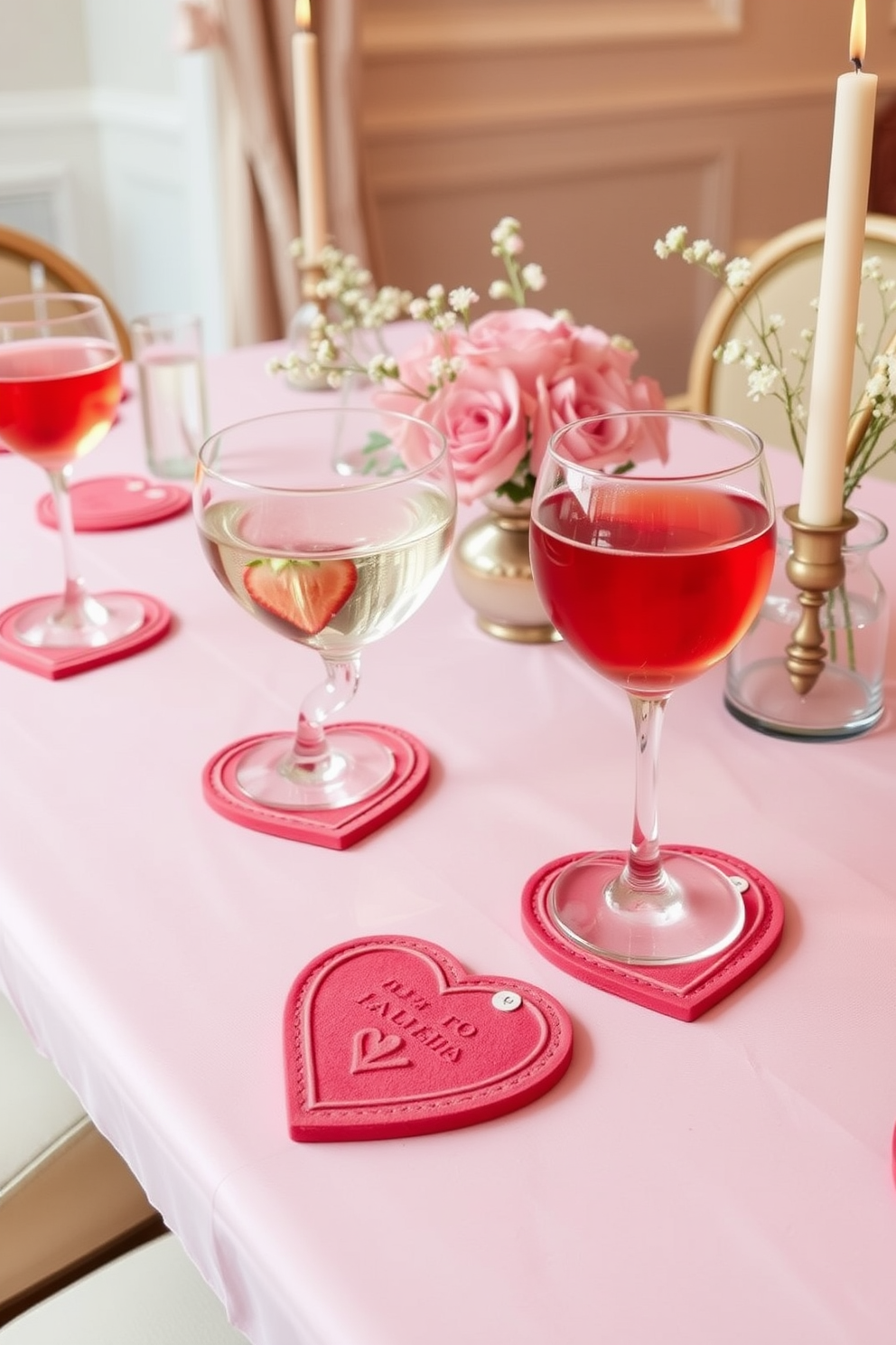 Heart themed coasters for drinks set on a beautifully arranged dining table. The table is adorned with a soft pink tablecloth and delicate floral centerpieces, creating a romantic atmosphere for Valentine's Day.