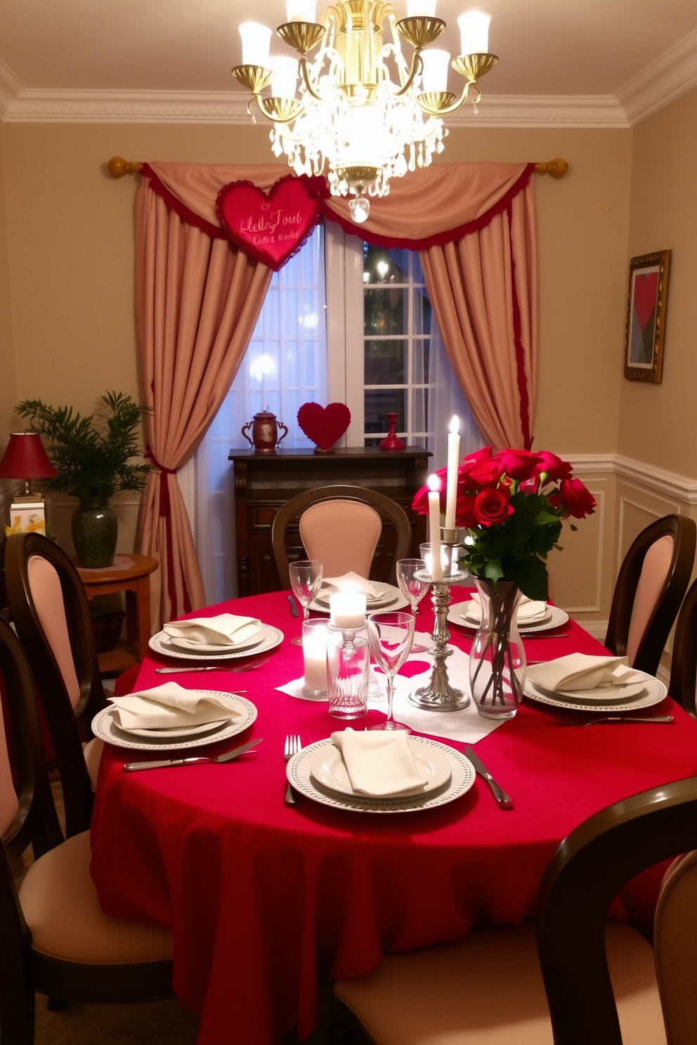 A cozy dining room adorned for Valentine's Day. The table is set with a romantic red tablecloth and elegant white dinnerware, complemented by soft candlelight and fresh roses in a vase.