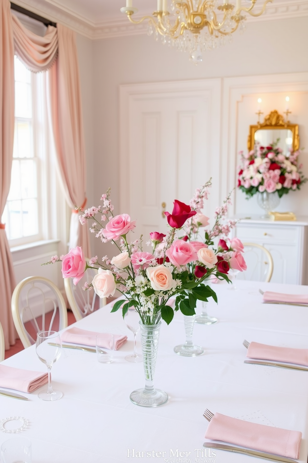 A charming dining room adorned with soft pink and red floral displays. The table is elegantly set with a white tablecloth, and delicate floral arrangements are placed in crystal vases at the center.