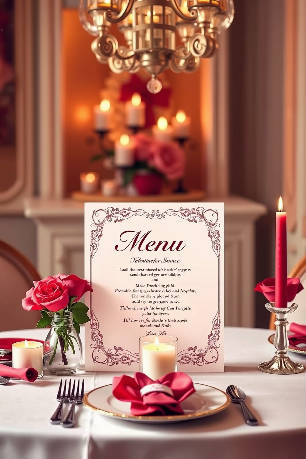 Creative menu cards for dinner. Elegant designs featuring floral patterns and romantic typography. Dining Room Valentines Day Decorating Ideas. Soft candlelight accents with red and pink table settings complemented by fresh roses.