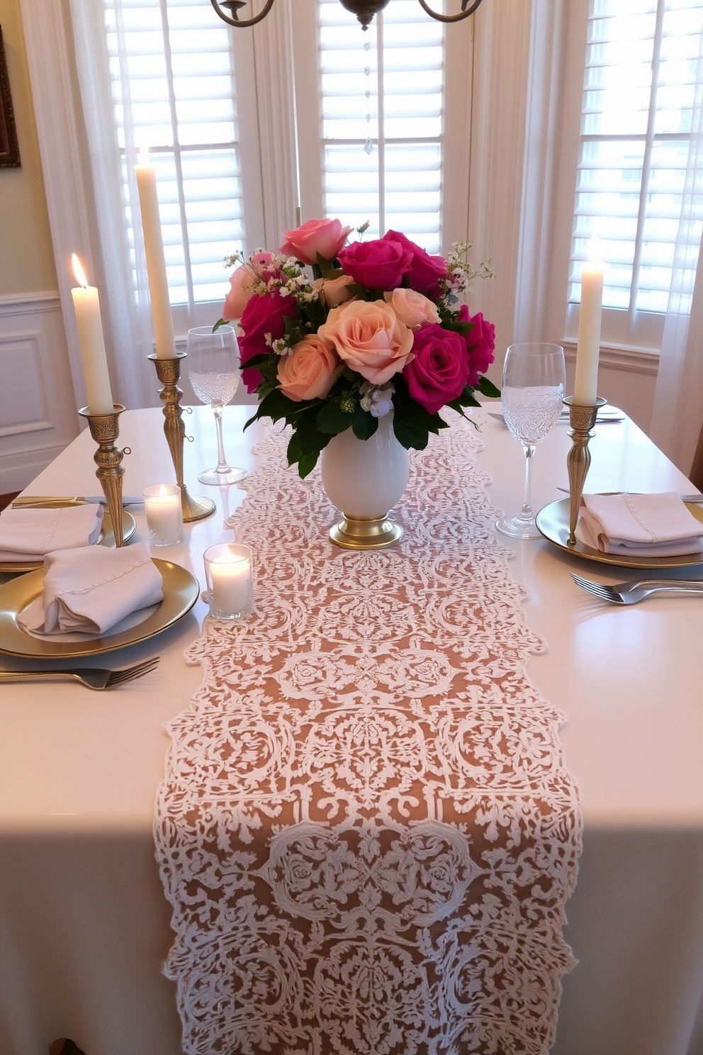 A beautifully set dining table features an elegant lace table runner draping gracefully over the edges. Soft candlelight flickers from delicate holders, creating a romantic atmosphere perfect for Valentine's Day. Fresh flowers in a charming vase are arranged at the center of the table, complementing the lace with their vibrant colors. Fine china and sparkling glassware are artfully placed, enhancing the overall elegance of the dining experience.