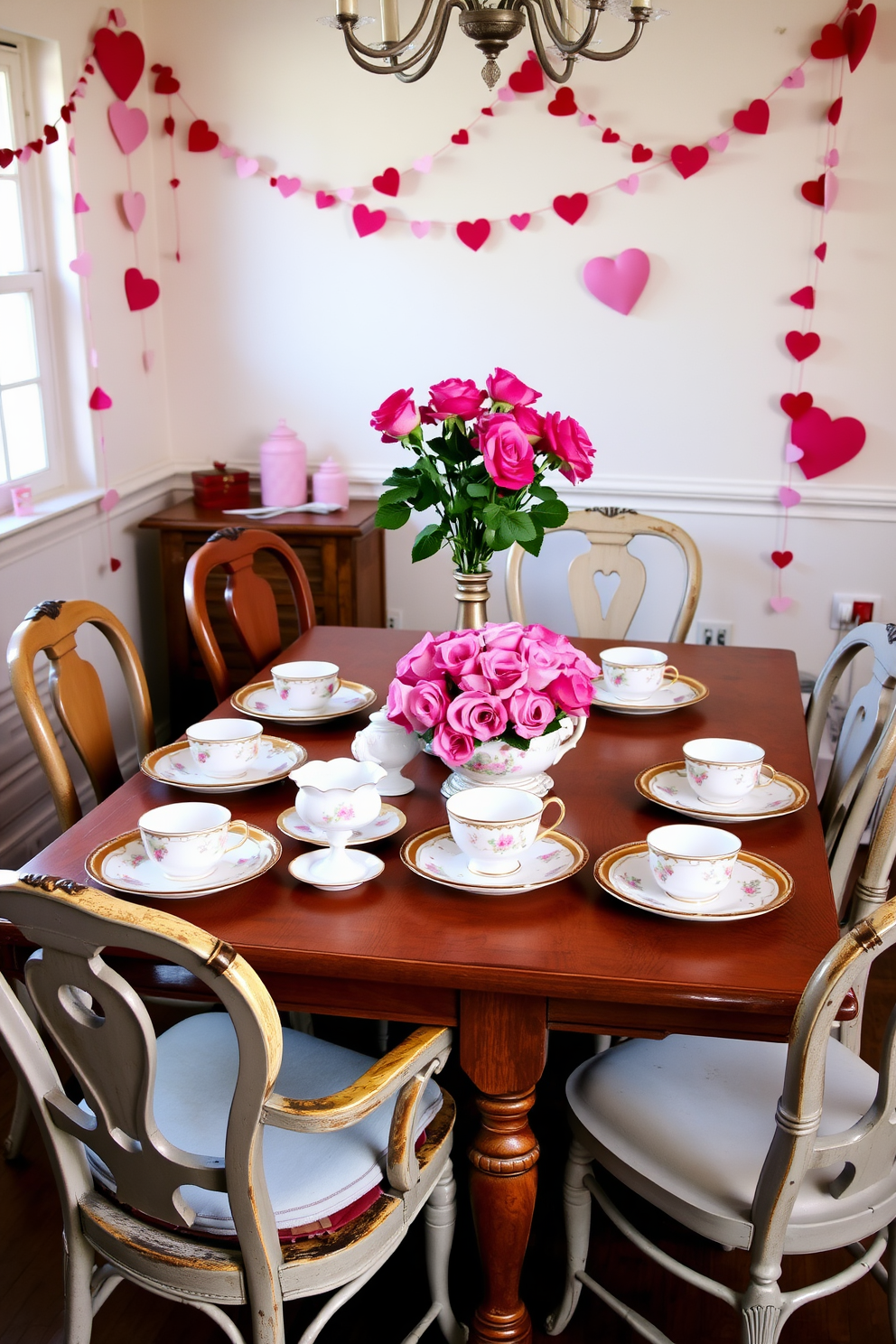 A charming vintage china set is elegantly arranged on a wooden dining table, featuring delicate floral patterns and gold accents. Surrounding the table are mismatched antique chairs, each with its own unique character, creating a warm and inviting atmosphere. For Valentine's Day, soft pink and red decorations adorn the room, with heart-shaped garlands draped across the walls. A bouquet of fresh roses in a vintage vase serves as a centerpiece, adding a romantic touch to the dining experience.