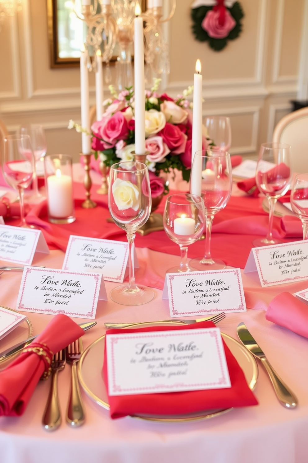 Personalized place cards are elegantly arranged on a beautifully set dining table. Each card features a unique love note, adding a heartfelt touch to the Valentine's Day decor. The table is adorned with soft pink and red linens, complemented by delicate floral centerpieces. Candles flicker softly, creating a warm and romantic atmosphere for the celebration.