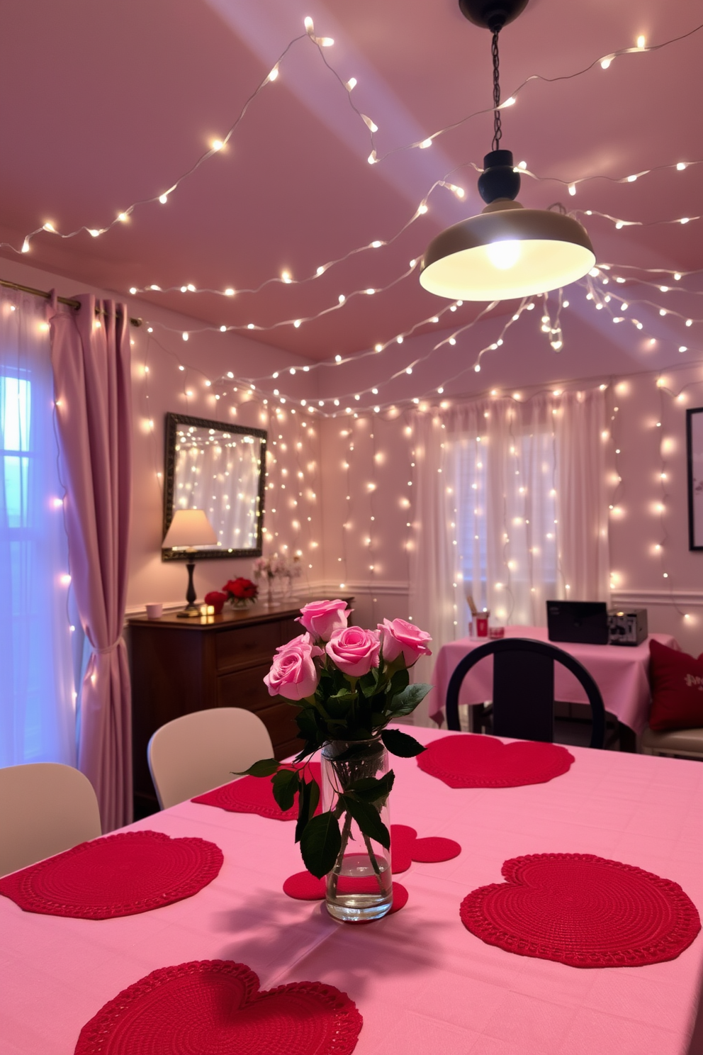 A cozy dining room adorned with delicate fairy lights strung across the ceiling, casting a warm and inviting glow. The table is elegantly set for Valentine's Day, featuring a soft pink tablecloth, heart-shaped placemats, and a centerpiece of fresh roses in a glass vase.