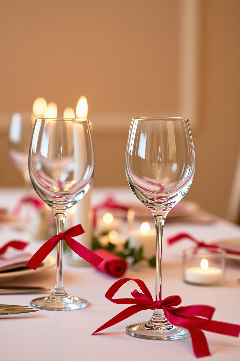 A beautifully set dining table adorned with elegant wine glasses tied with red ribbons. Soft candlelight flickers across the table, creating a warm and romantic atmosphere perfect for Valentine's Day celebrations.