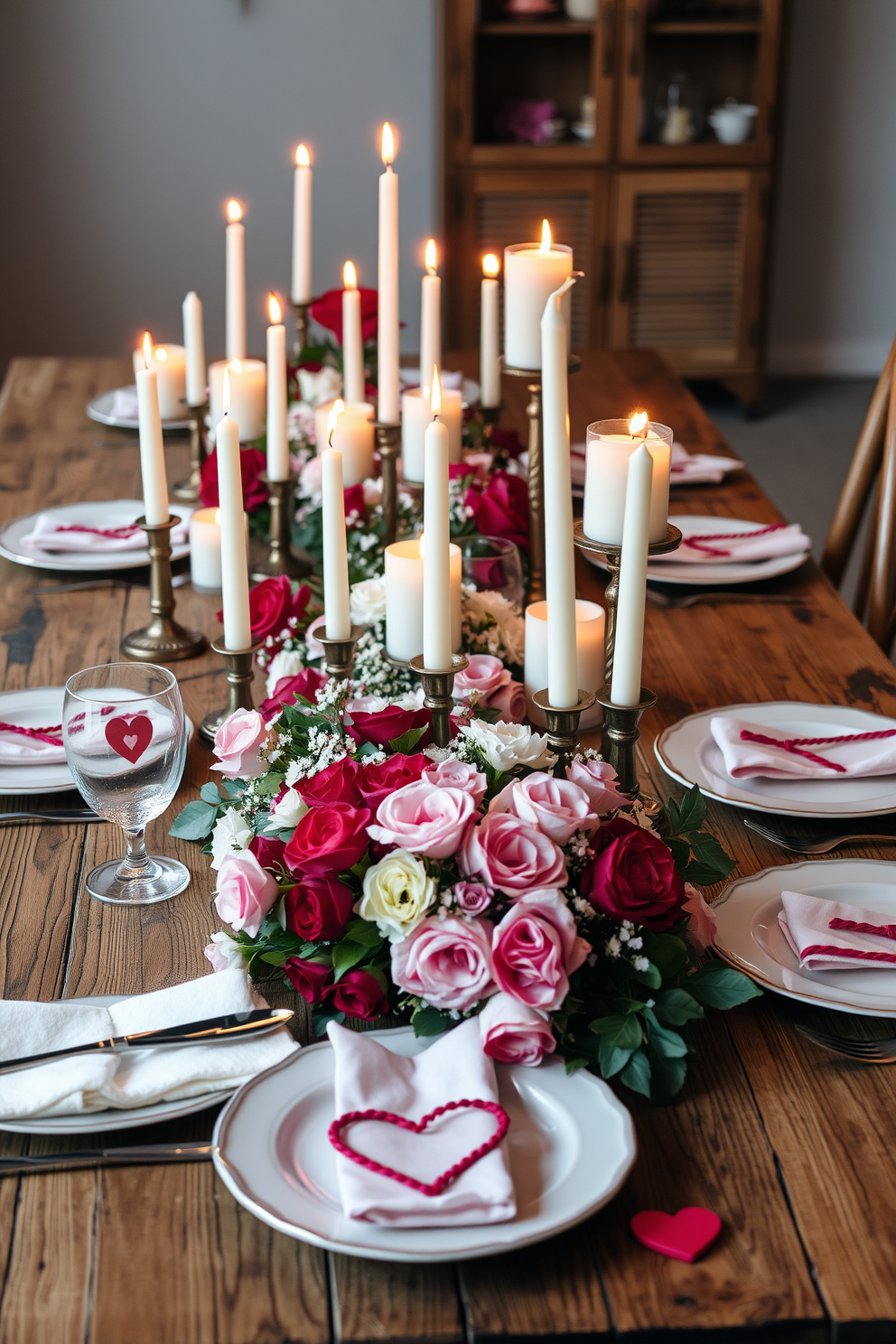 A rustic wooden table is set for a romantic dining experience, adorned with an array of flickering candles in varying heights. Fresh flowers in soft pink and red hues are scattered across the table, complemented by elegant dinnerware and charming heart-shaped accents for a Valentine's Day theme.