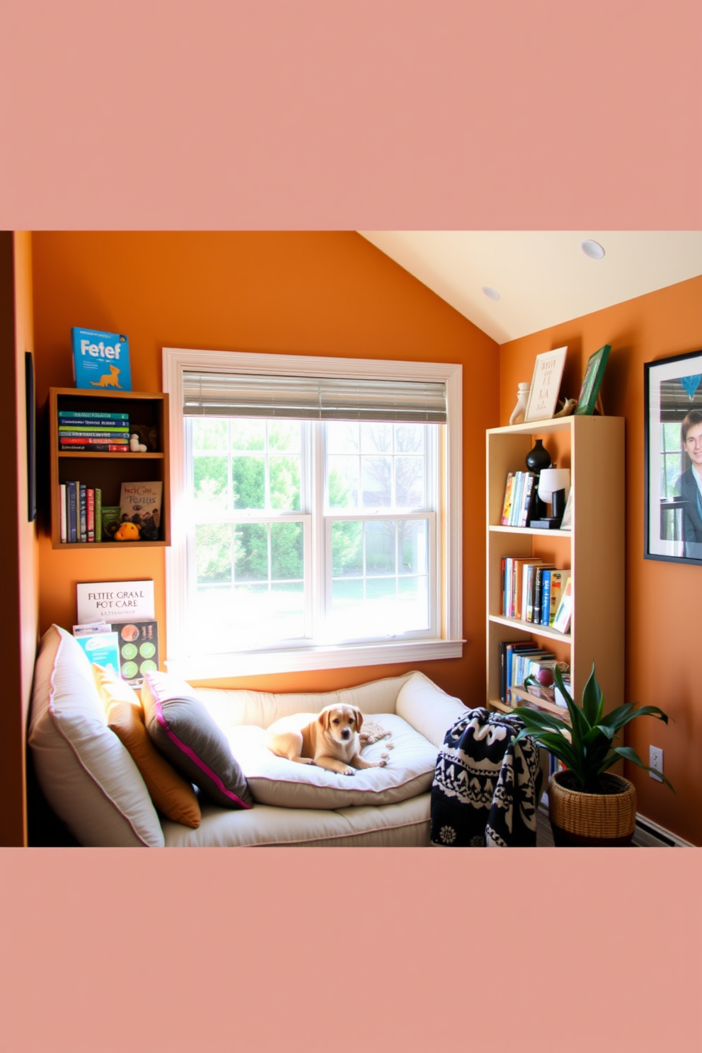 A cozy dog bed nook is nestled under a large window, allowing natural light to flood the space. The nook features a plush dog bed surrounded by soft cushions and a small bookshelf filled with pet care books and toys. The walls are painted in warm, inviting tones, creating a comfortable atmosphere. A decorative throw blanket is draped over the side, and a potted plant adds a touch of greenery to the area.