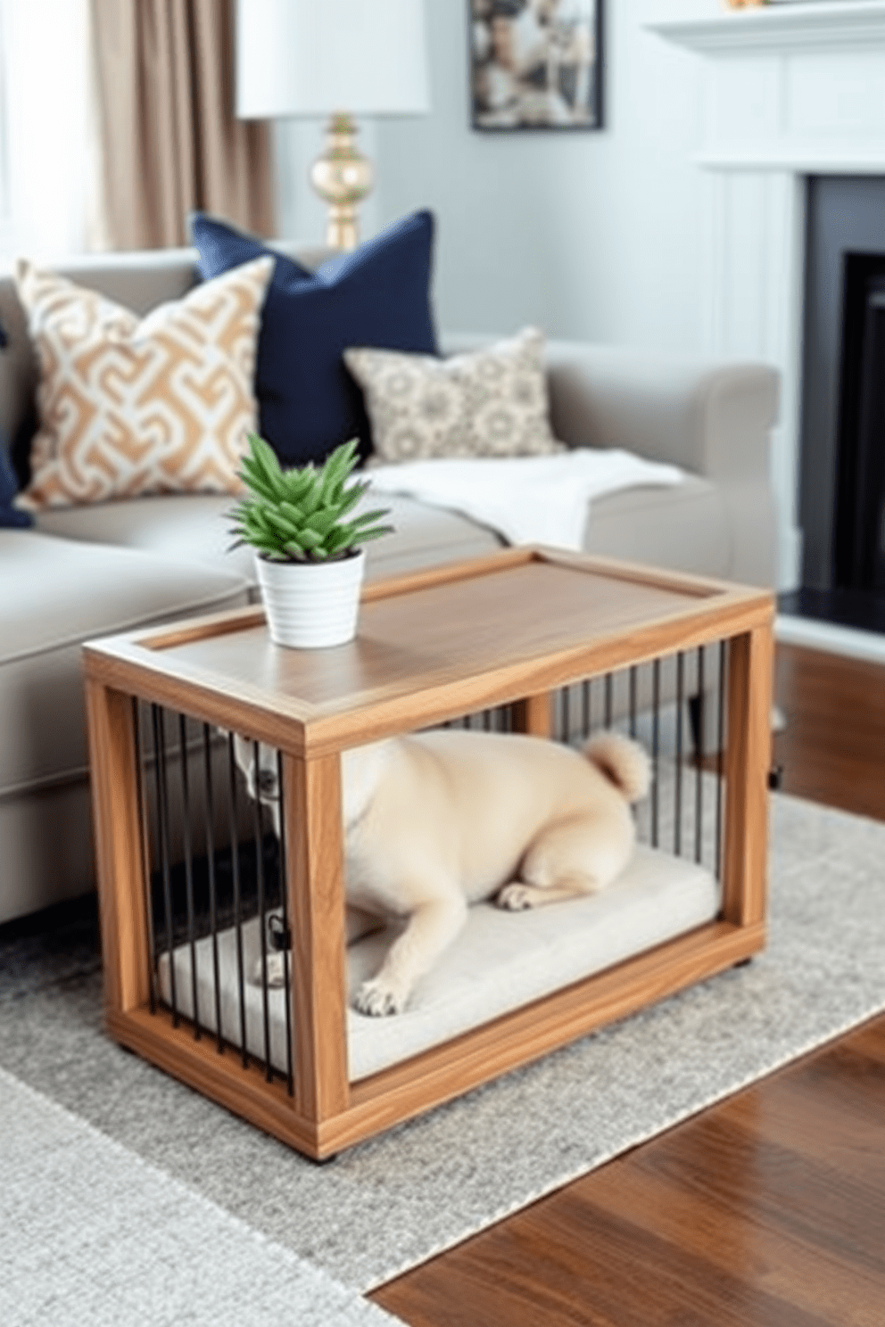 A decorative dog crate designed as a stylish furniture piece. It features a sleek wooden frame with a soft cushion inside, seamlessly blending with the modern decor of the living room. The crate is placed next to a chic sofa, adorned with vibrant throw pillows. A small potted plant sits on top, adding a touch of greenery to the space while maintaining functionality for the beloved pet.