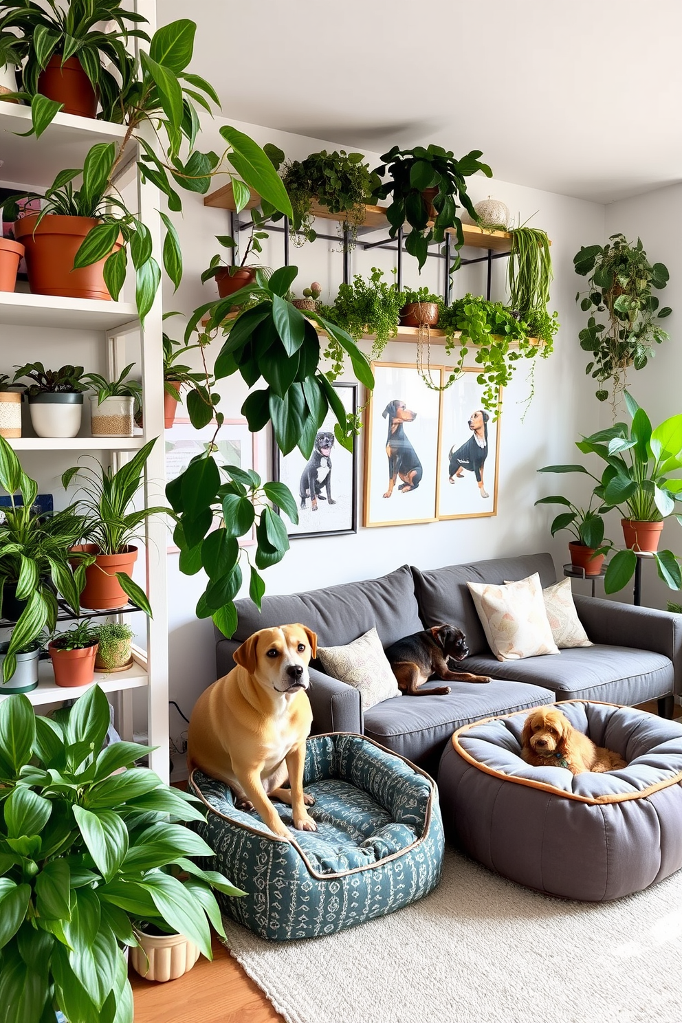 A pet-friendly apartment filled with vibrant houseplants that purify the air. The space features lush greenery such as spider plants and pothos, strategically placed on shelves and tables. A cozy living area designed for dog lovers with a comfortable sofa and durable, easy-to-clean fabrics. The decor includes dog-themed artwork and a designated corner with stylish pet beds and toys.