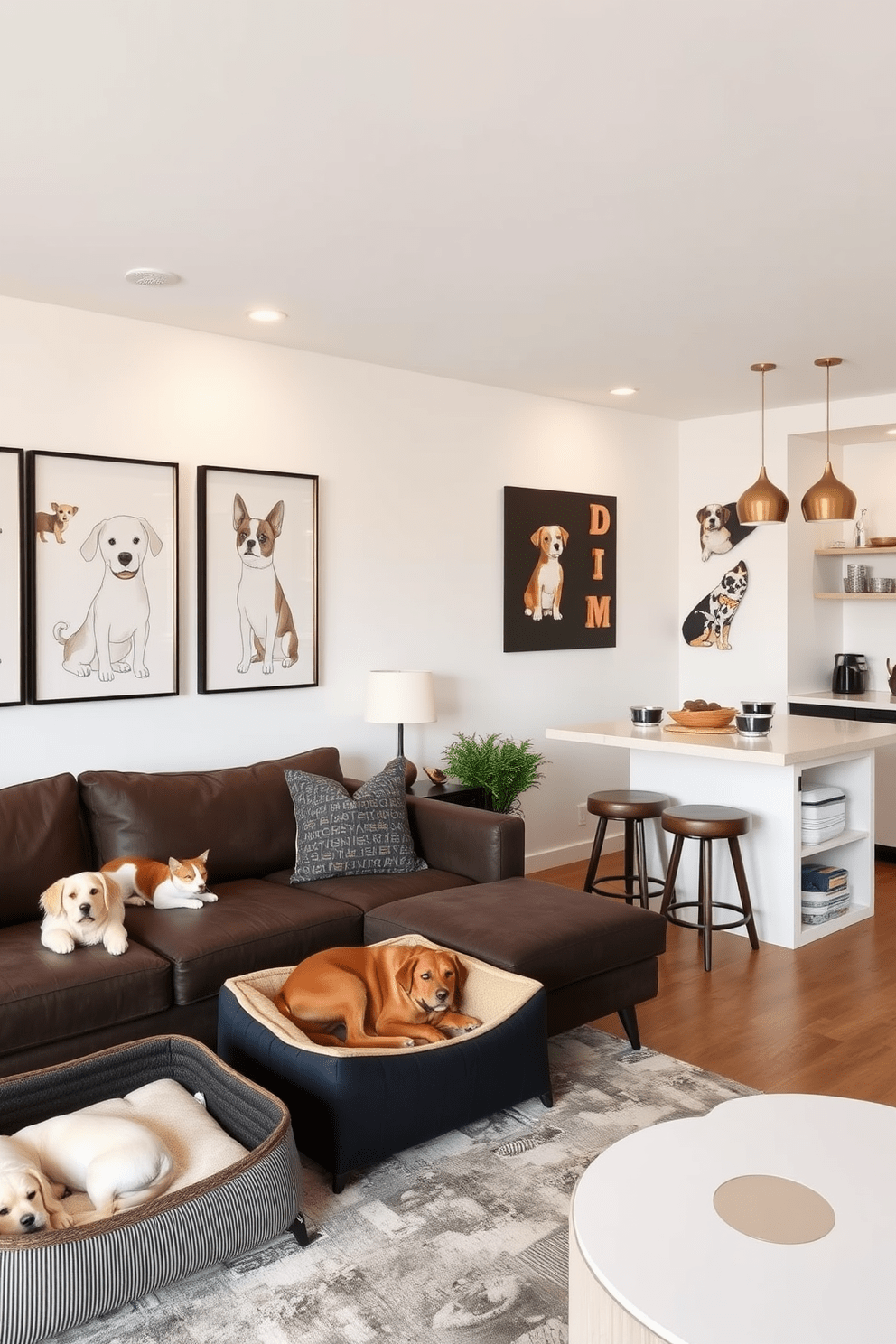 A cozy living room designed for a dog lover features dog-themed art on the walls, showcasing playful illustrations and photographs of various dog breeds. The decor includes stylish dog beds and toys that blend seamlessly with the overall aesthetic, creating a warm and inviting atmosphere. In the open-plan kitchen, dog-themed accents are incorporated through decorative bowls and wall hangings that celebrate canine companionship. A dedicated space for pet supplies is thoughtfully designed, maintaining the elegance of the apartment while ensuring convenience for the dog owner.