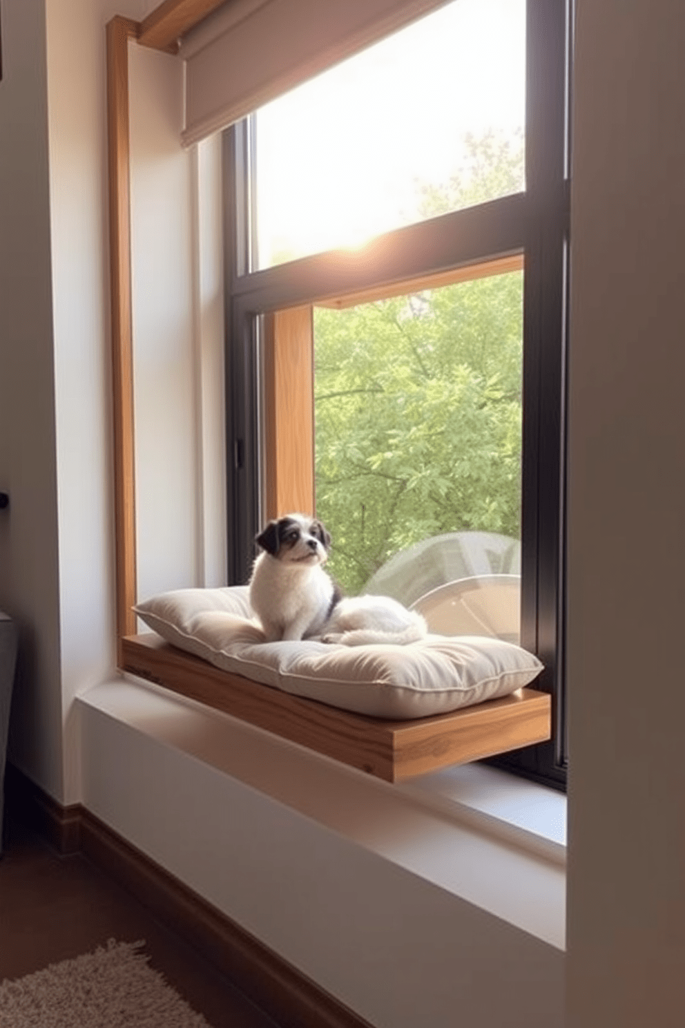 A cozy window perch designed for pets in a stylish apartment setting. The perch features soft cushions and a warm wooden frame, allowing pets to bask in sunlight while enjoying the view outside.