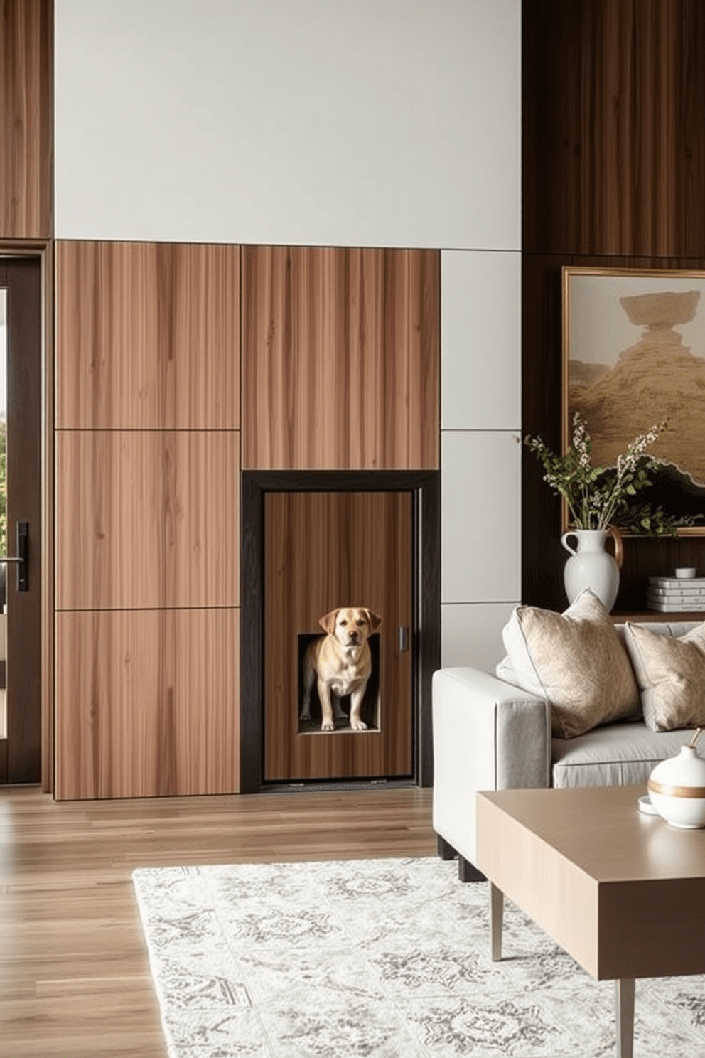 A stylish living room featuring an integrated dog door that seamlessly blends into the wall design. The door is crafted from the same material and finish as the surrounding paneling, creating a cohesive look. The space includes a cozy seating area with a plush sofa and a modern coffee table. Soft lighting and pet-friendly decor enhance the inviting atmosphere for both humans and their furry companions.