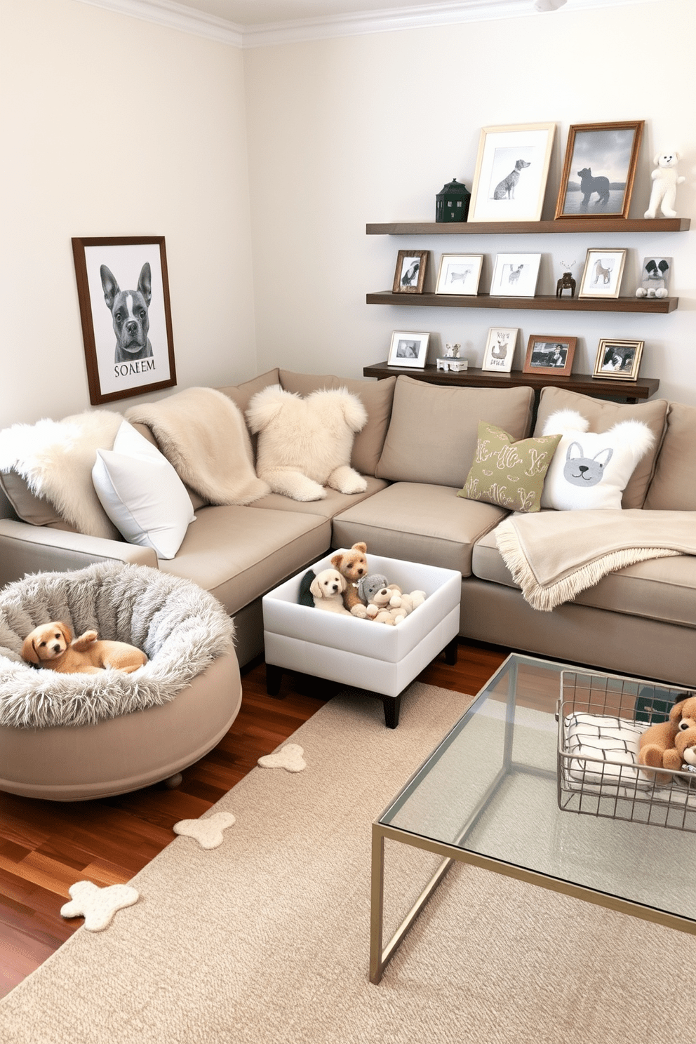 A cozy living room designed for a dog lover features a plush sectional sofa adorned with faux fur throws in soft neutral tones. The space includes a stylish dog bed that complements the decor, and a playful area rug adds warmth to the hardwood floor. The walls are painted in a calming pastel hue, creating a serene atmosphere. Decorative shelves display dog-themed art and framed photos, while a chic coffee table holds dog toys in a decorative basket.