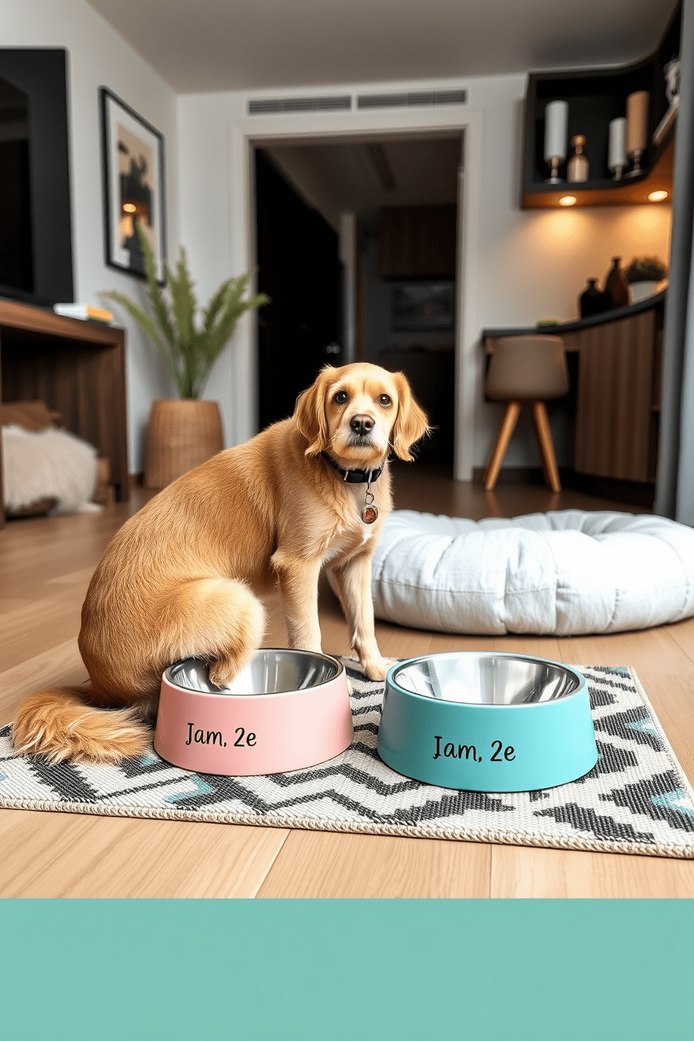 A cozy apartment designed for dog lovers features personalized pet feeding bowls that blend seamlessly with the decor. The bowls are placed on a stylish mat, surrounded by a dedicated space that includes a dog bed and toys, creating a harmonious environment for both the pet and owner.