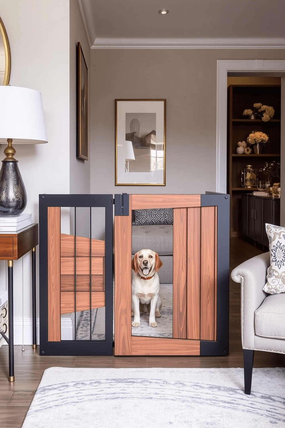 Stylish pet gates that blend seamlessly with modern decor. The gates feature a sleek wooden design with decorative metal accents, ensuring both functionality and aesthetic appeal. In a dog lover's apartment, the design incorporates cozy nooks for pets alongside elegant furniture. Soft textiles and pet-friendly materials create a warm and inviting atmosphere for both humans and their furry companions.