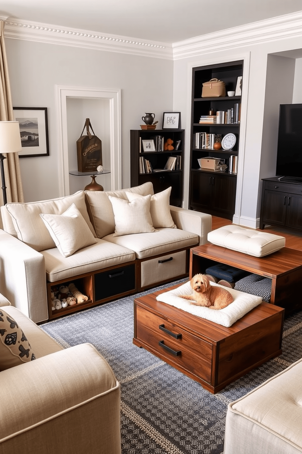 A stylish living room featuring multi-functional furniture that incorporates pet storage solutions. The sofa has built-in compartments for toys and blankets, while a coffee table doubles as a pet bed with a soft cushion on top. The decor includes a cozy reading nook with a bookshelf that has a designated space for pet supplies. Soft, durable fabrics in neutral tones complement the overall aesthetic, creating a welcoming environment for both pets and their owners.