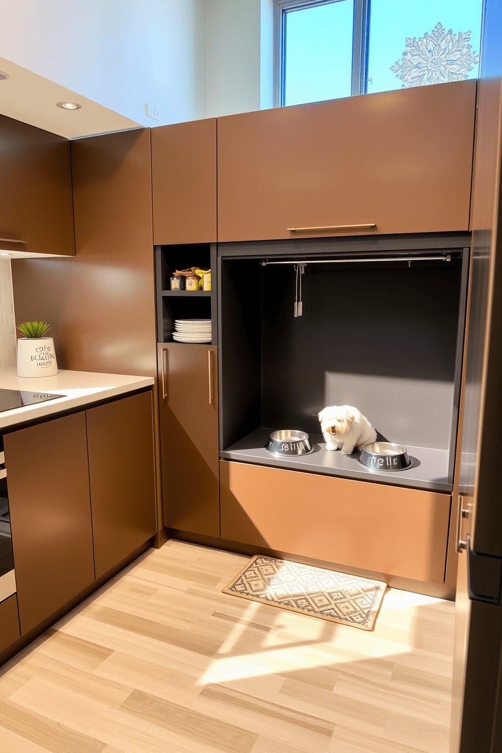 A stylish feeding station is integrated into a sleek kitchen design, featuring a built-in nook with elevated bowls for easy access. The surrounding cabinetry offers ample storage for pet supplies, with a modern finish that complements the overall aesthetic of the apartment. The feeding area is adorned with a decorative mat that adds a pop of color, while a small shelf above holds treats and toys. Natural light floods the space through a nearby window, creating a warm and inviting atmosphere for both pets and their owners.