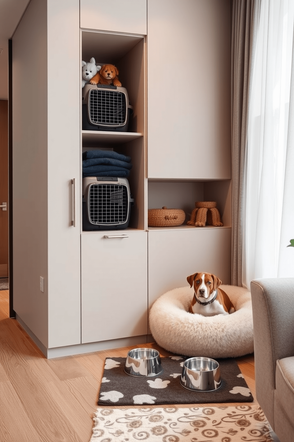 Sleek pet carrier storage solutions are integrated into a modern living space. The design features a built-in cabinet with a smooth finish that accommodates various sizes of pet carriers while maintaining a clean aesthetic. Dog lover apartment design ideas include a cozy corner with a plush dog bed and stylish storage for toys. The space is enhanced by a dedicated feeding area with designer bowls and a decorative mat, seamlessly blending functionality with elegance.