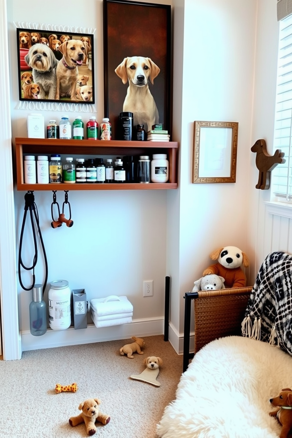 A cozy grooming area featuring a stylish wooden shelf lined with neatly organized grooming supplies. The wall above the shelf is adorned with dog-themed artwork, creating a warm and inviting atmosphere. A comfortable seating nook with a plush dog bed and a decorative throw blanket. The space is enhanced by soft lighting and playful dog toys scattered around, reflecting the love for pets.